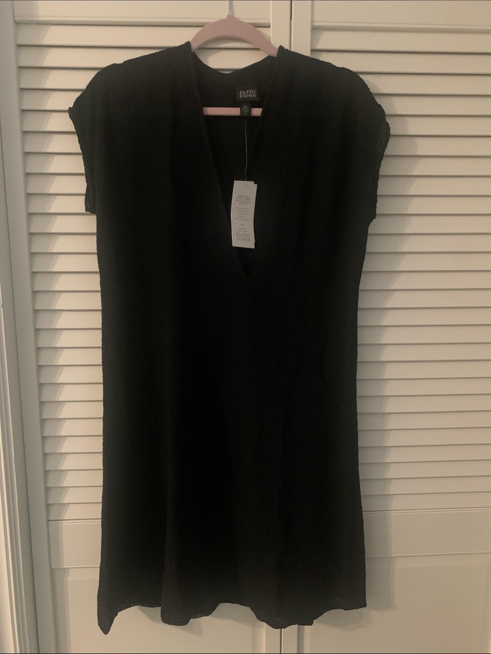 Eileen Fisher Wool Crepe Black Cap-Sleeve V-Neck Shift Dress